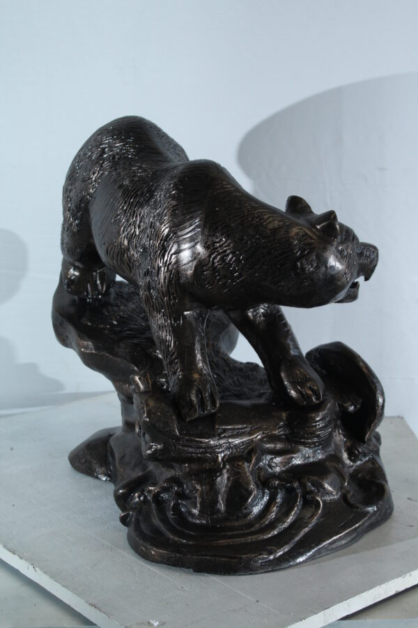 Aluminum Bear Catching Fish Statue with River Rock Detail 25" x 15" x 22"H - Image 3