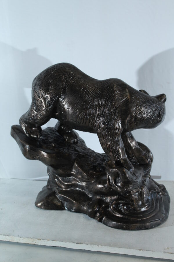 Aluminum Bear Catching Fish Statue with River Rock Detail 25" x 15" x 22"H - Image 4