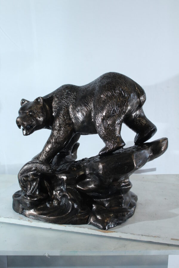 Aluminum Bear Catching Fish Statue with River Rock Detail 25" x 15" x 22"H - Image 8
