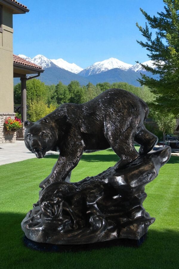 Aluminum Bear Catching Fish Statue with River Rock Detail 25" x 15" x 22"H - Image 9