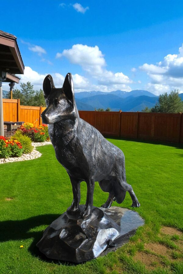 Giant Aluminum German Shepherd Statue Standing on Rock Base 46" x 20" x 49"H - Image 9